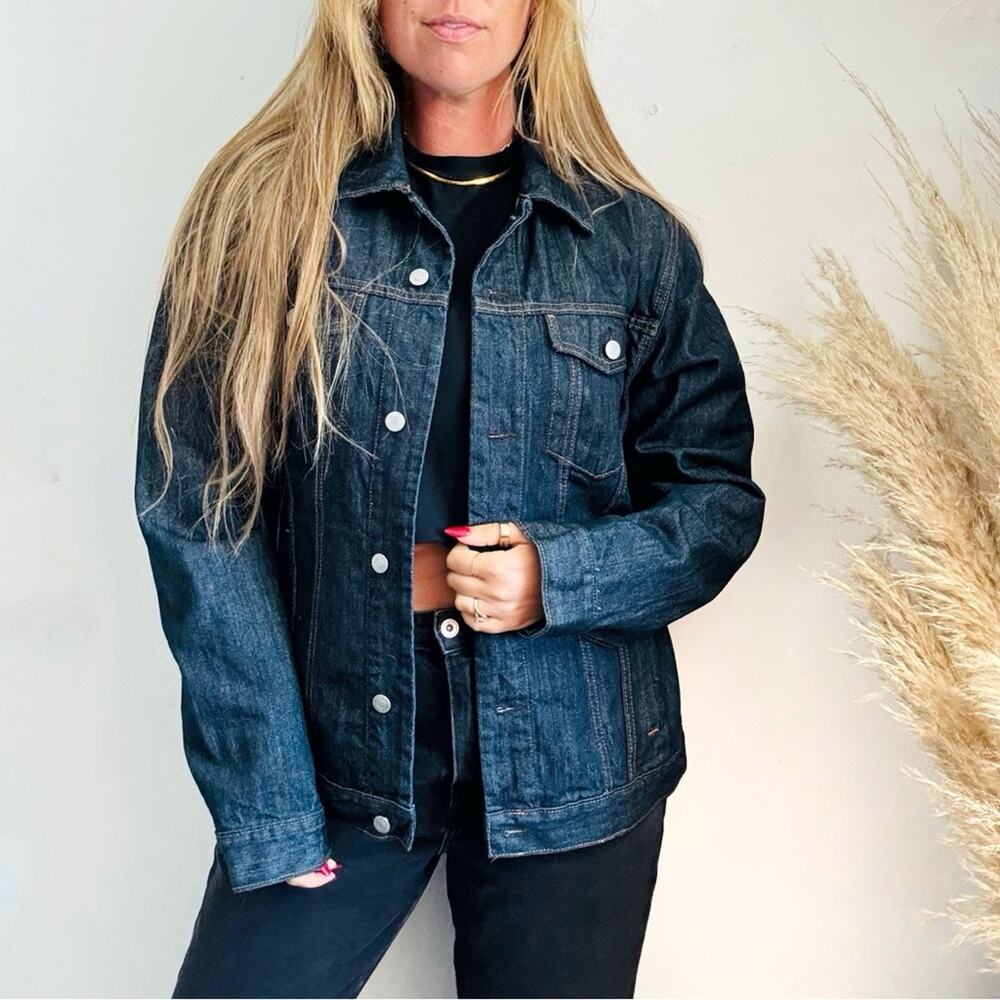 GAP Oversized Dark Navy Blue Wash Silver Button $110 Denim Jean Jacket Retro L
